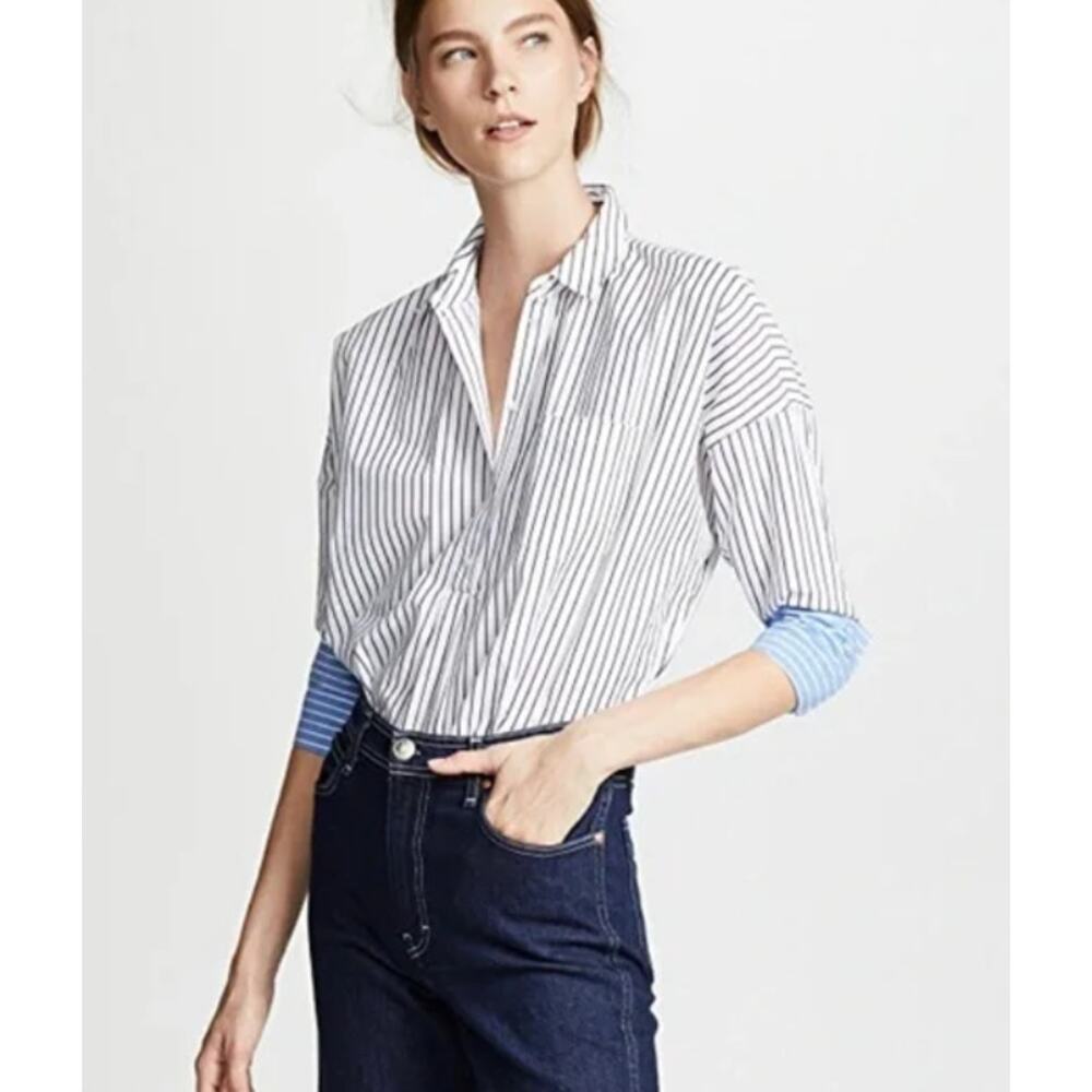 JOIE Selinde blue white foldover cuff striped button front 100% cotton shirt